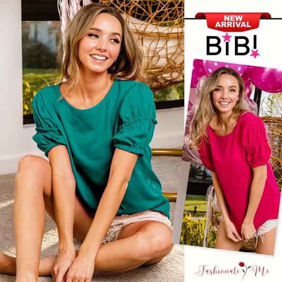 BiBi Cotton Shrring Detail Short Sleeves Round Neckline Relaxed Fit Top | Jade - Picture 1 of 6